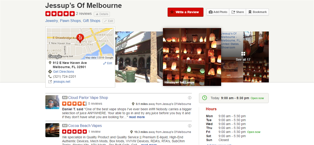 Jessup's of Melbourne Yelp review screenshot Yelp.com Florida pawn shop gifts jewelry